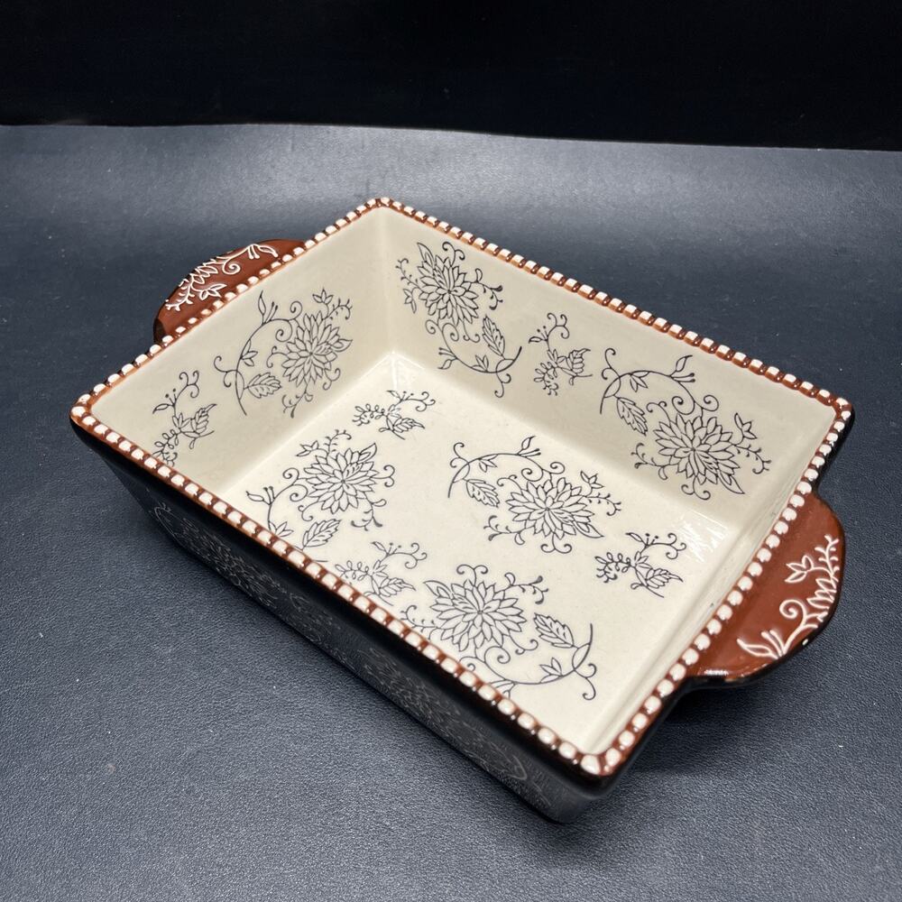 Baum Black & Cream Floral Ceramic 8” Casserole Dish With Handles